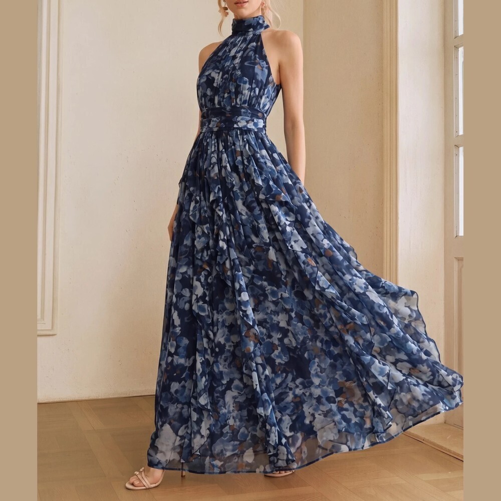 Navy Blue Floral Print Organza Halter Neck A-Line Maxi Dress